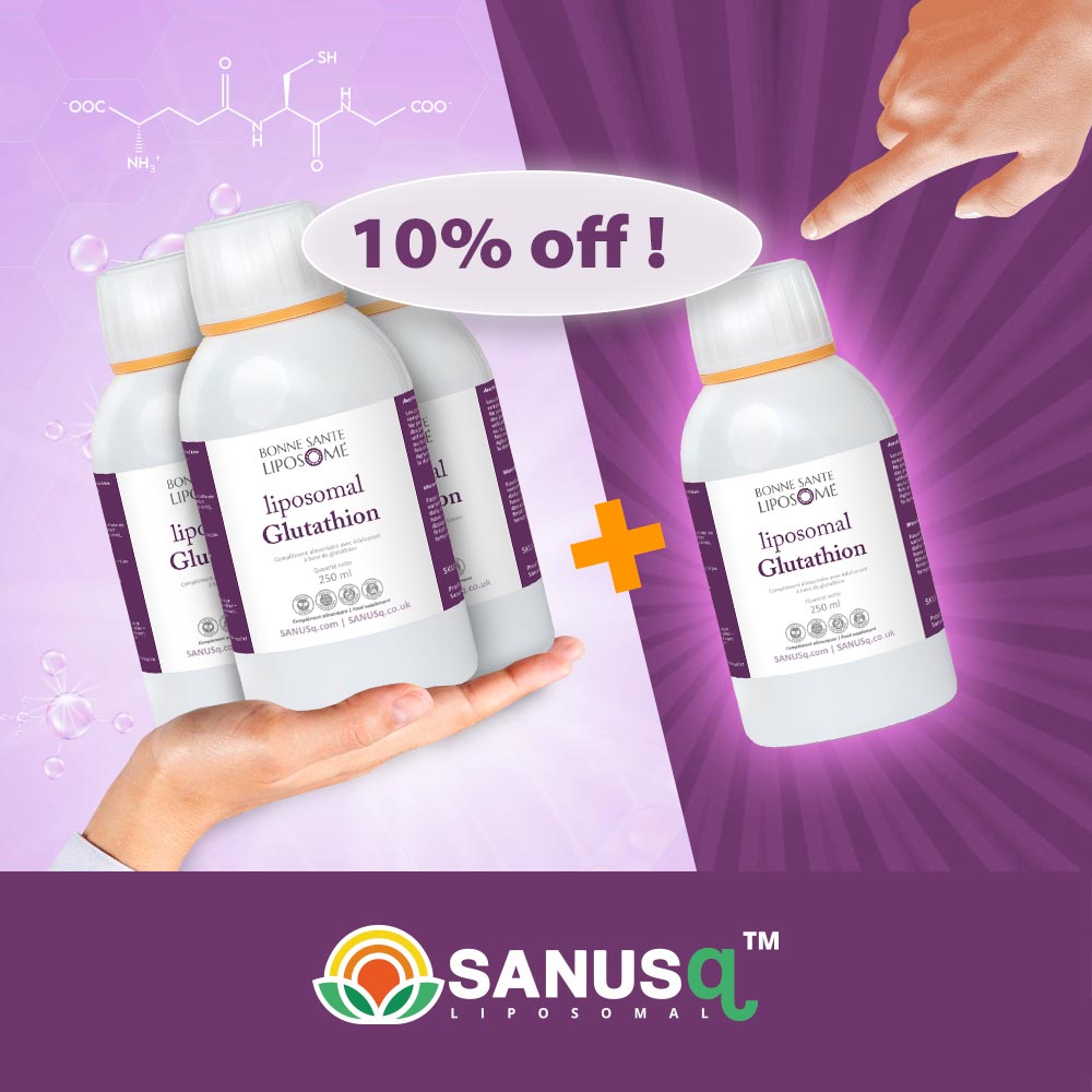 Promotional image showing liposomal glutathione supplement bottles with 10% off discount offer and glutathione molecular structure background