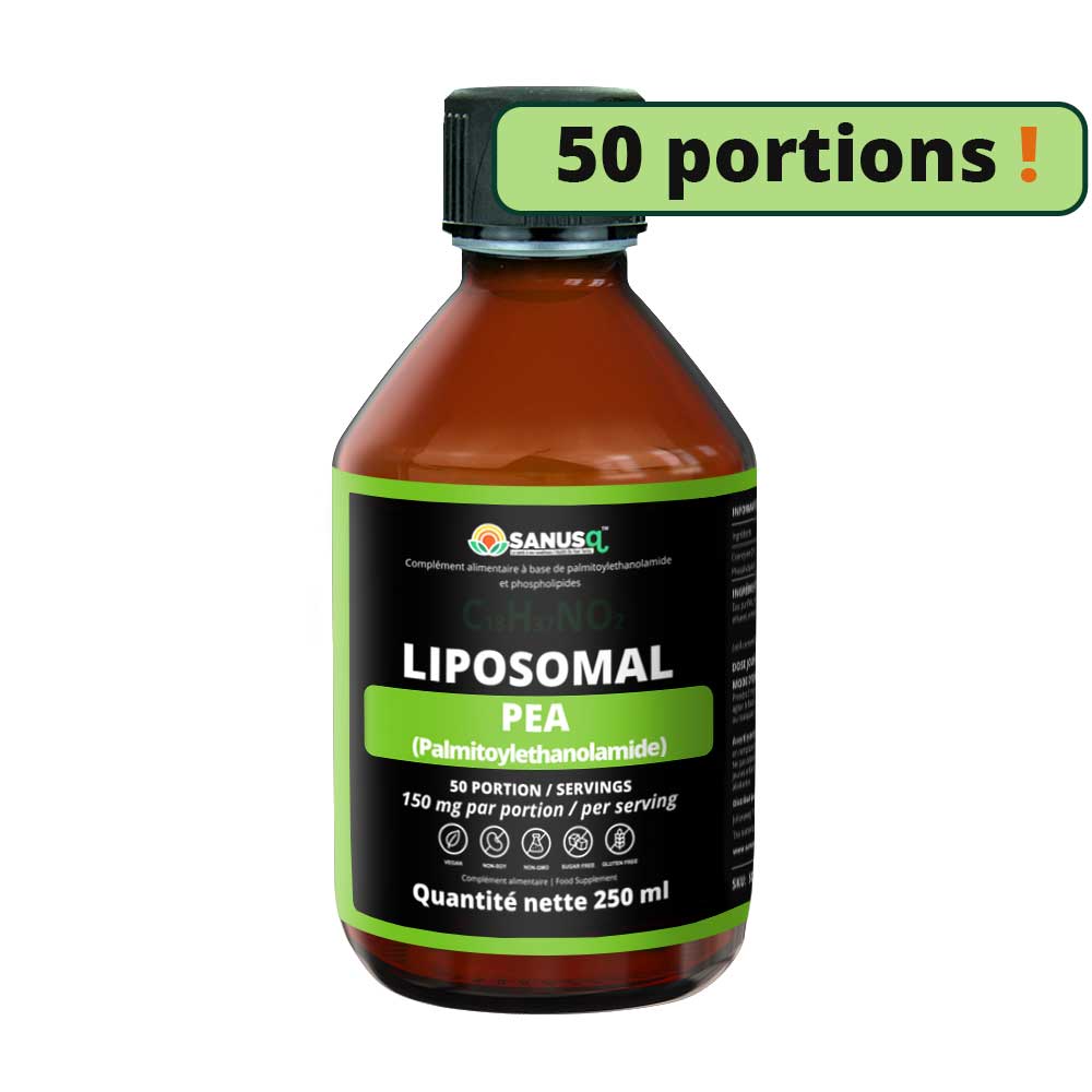 A bottle of SANUSq Health Liposomal PEA (Palmitoylethanolamide) with a size of 250ml, primarily for chronic pain and inflammation.