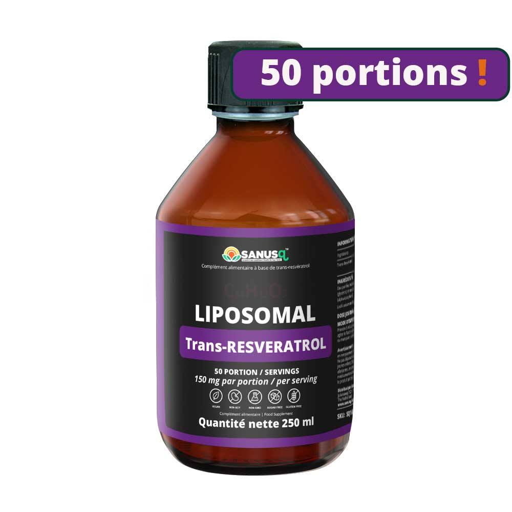 Bottle of SANUSq Liposomal Trans-Resveratrol with a purple label on a white background