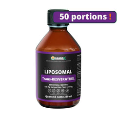 Bottle of SANUSq Liposomal Trans-Resveratrol with a purple label on a white background