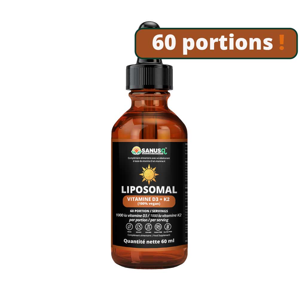 A glass bottle of SANUSq Health Liposomal Vitamin D3+K2 with a dropper, labeled 60ml and highlighting the new formula and improved dispenser.