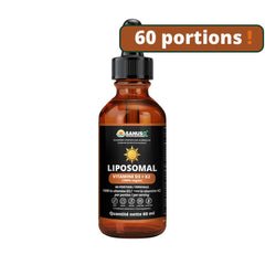 A glass bottle of SANUSq Health Liposomal Vitamin D3+K2 with a dropper, labeled 60ml and highlighting the new formula and improved dispenser.