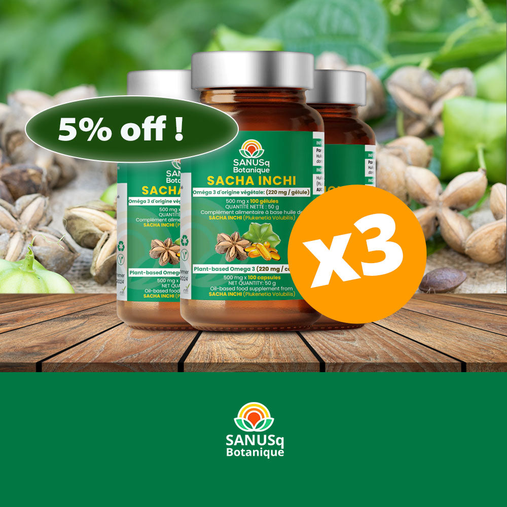 Promotional image showing Sacha Inchi plant-based omega-3 supplement bottles with 5% off discount offer and natural seeds background