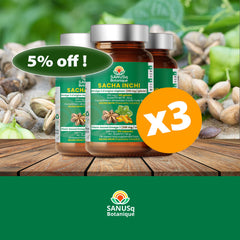Promotional image showing Sacha Inchi plant-based omega-3 supplement bottles with 5% off discount offer and natural seeds background
