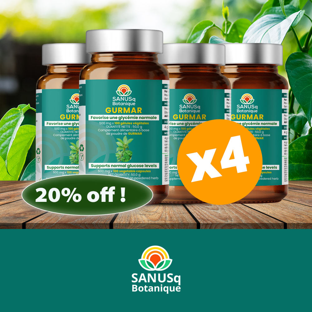 Promotional image showing Gurmar blood sugar support supplement bottles with 20% off discount offer and natural green plant background