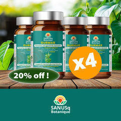 Promotional image showing Gurmar blood sugar support supplement bottles with 20% off discount offer and natural green plant background