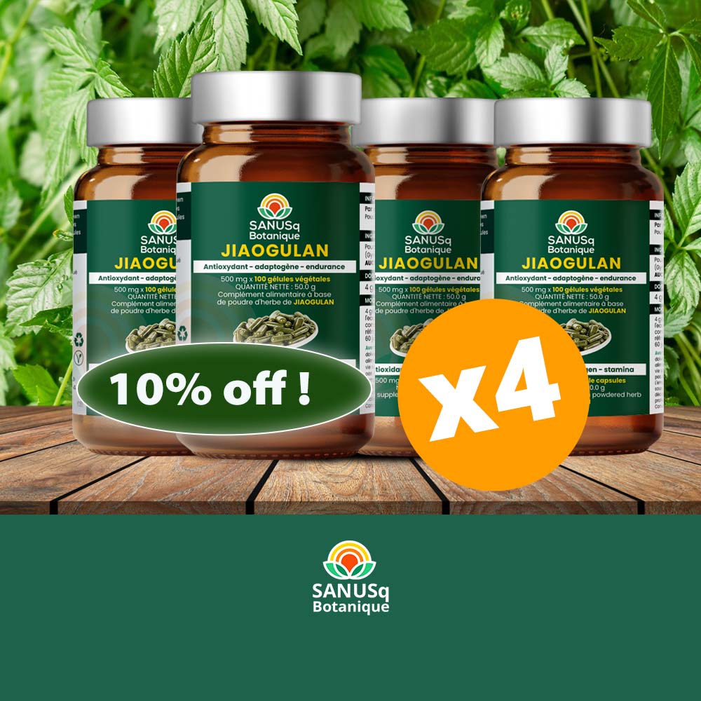 Promotional image showing Jiaogulan antioxidant adaptogen endurance supplement bottles with 10% off discount and fresh green herbs background