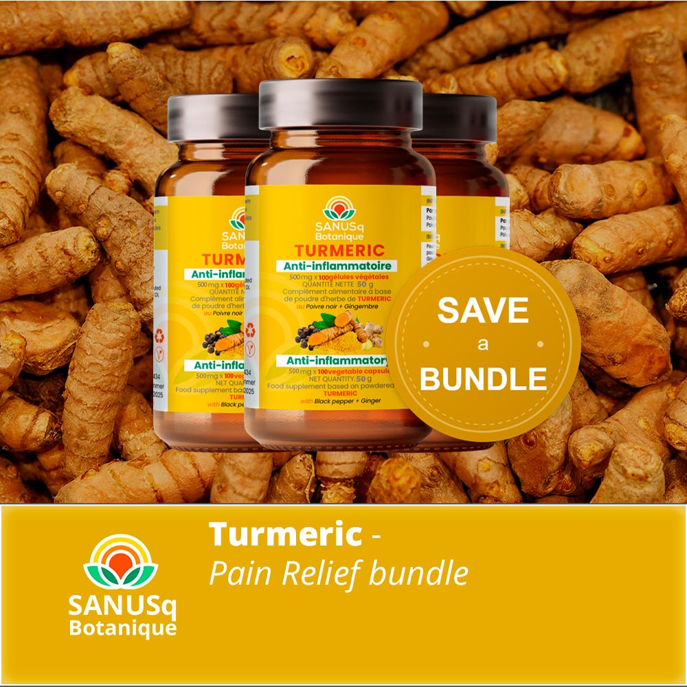 Promotional image showing turmeric anti-inflammatory supplement bottles discount offer and fresh turmeric root background