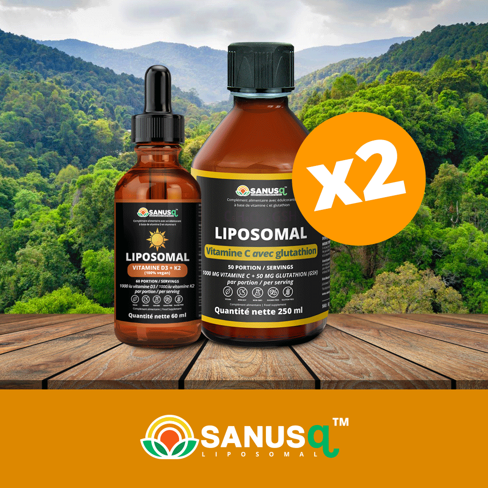 Ensemble immunité Vitamine D3+K2 et Vitamine C avec Glutathion Liposomales SANUSq Health – pack double x2