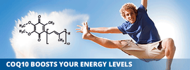 SANUSq Health CoQ10 boosts energy levels with molecular structure and active man jumping