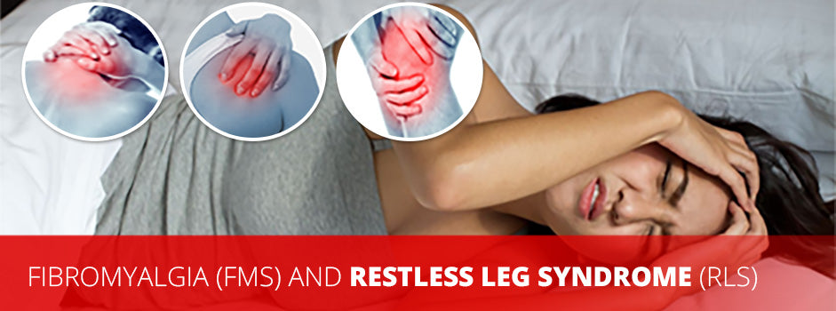Fibromyalgia FMS and restless leg syndrome RLS — woman in pain lying down with joint pain indicators