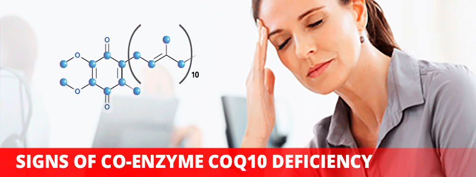 Signs of co-enzyme CoQ10 deficiency — fatigued woman with headache and CoQ10 molecular structure