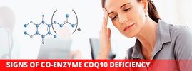 Signs of co-enzyme CoQ10 deficiency — fatigued woman with headache and CoQ10 molecular structure