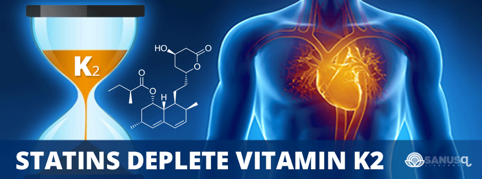 Statins deplete Vitamin K2 — hourglass with K2 draining, statin molecular structure and anatomical heart