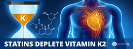 Statins deplete Vitamin K2 — hourglass with K2 draining, statin molecular structure and anatomical heart
