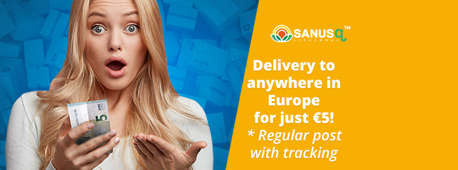 Surprised woman holding a €5 note next to a SANUSq Health offer for €5 delivery anywhere in Europe with tracking