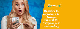 Surprised woman holding a €5 note next to a SANUSq Health offer for €5 delivery anywhere in Europe with tracking