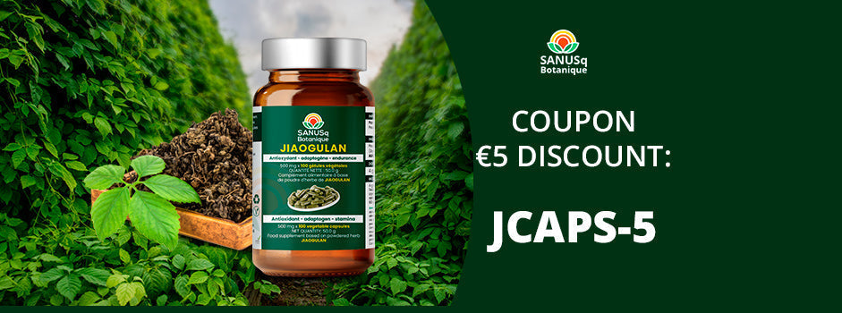 SANUSq Health Jiaogulan capsules with a €5 discount coupon code JCAPS-5 among lush green climbing vines