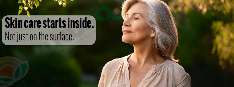 Smiling mature woman with radiant skin enjoying a garden, reflecting SANUSq Health's inside-out approach to skin care