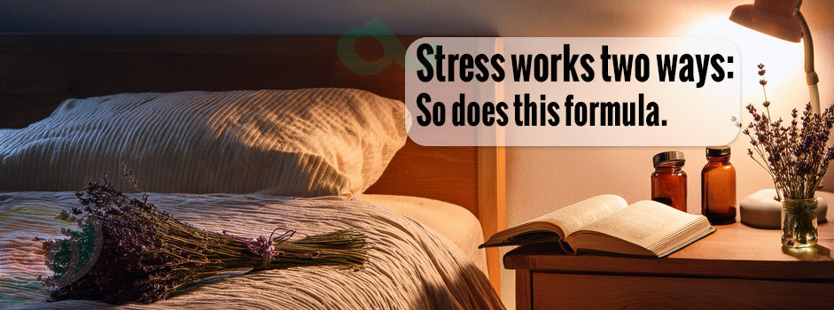 Peaceful bedside scene with lavender and supplement bottles representing a dual-action formula for stress relief and calm