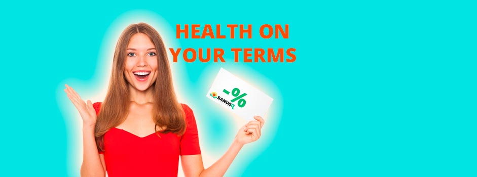 Smiling woman in red holds a SANUSq Health discount card beside the Health on Your Terms quantity savings message