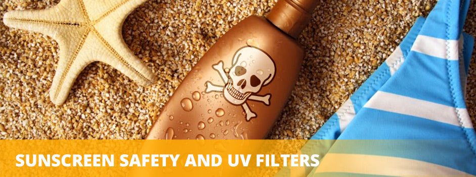 SANUSq Health feature on sunscreen safety and UV filters, with a skull-marked bottle on a sandy beach