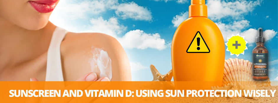 Woman applying sunscreen next to SANUSq Health Liposomal D3+K2, balancing sun protection and vitamin D needs
