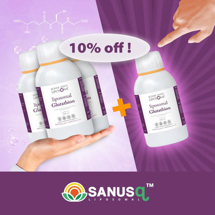 Promotional image showing liposomal glutathione supplement bottles with 10% off discount offer and glutathione molecular structure background