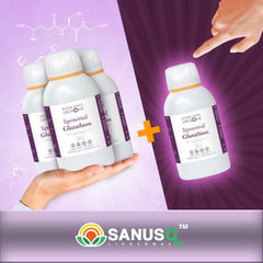 Trois flacons de Glutathion liposomal SANUSq Health avec un quatrième offert dans une offre trois achetés un offert