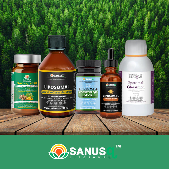 Range of five SANUSq Health liposomal supplements arranged on wood against a forest backdrop