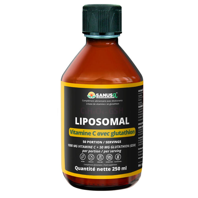 SANUSq Health Liposomal Vitamin C with Glutathione in a 250 ml bottle, 1000 mg vitamin C and 50 mg GSH per serving