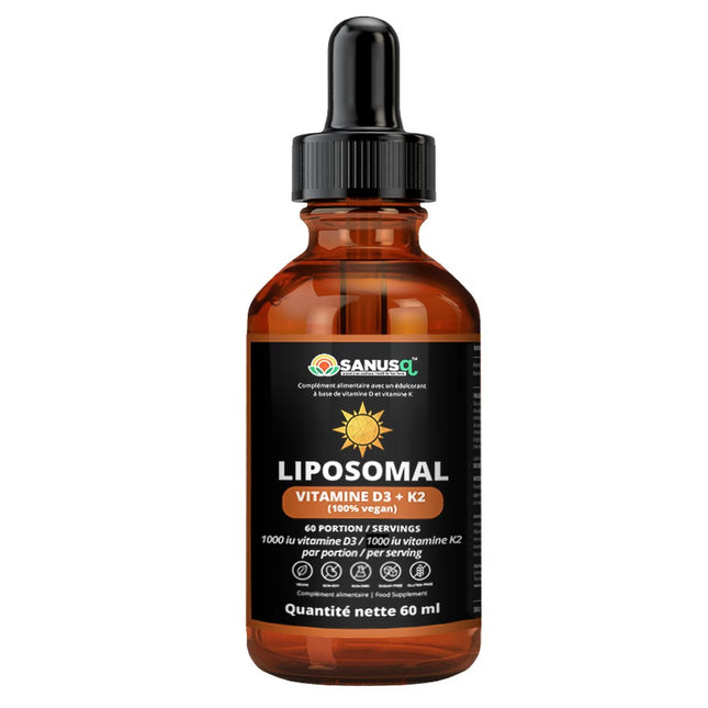 SANUSq Health Liposomal Vitamin D3 + K2 in a 60 ml dropper bottle, 1000 iu D3 and 1000 iu K2 per serving, 100% vegan