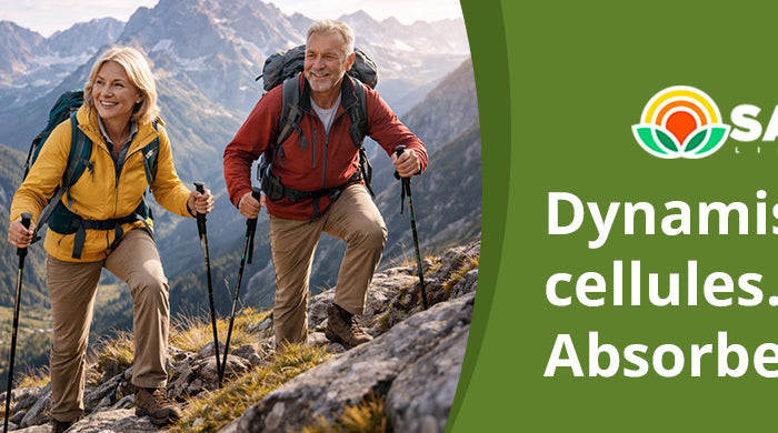 Couple de randonneurs en montagne avec la CoQ10 liposomale SANUSq Health pour dynamiser les cellules et mieux absorber