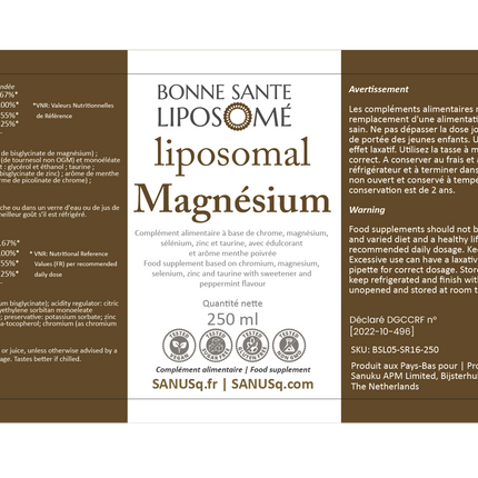Étiquette du magnésium liposomal SANUSq Health avec zinc, sélénium, chrome et taurine, arôme menthe poivrée, 250 ml