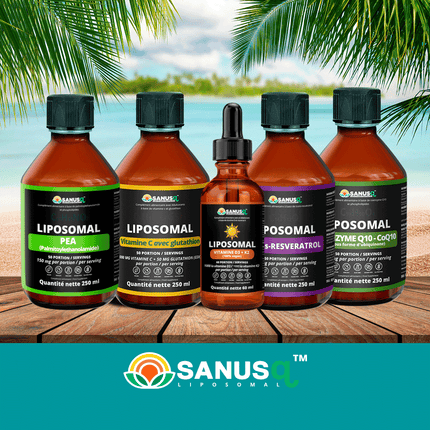 Ensemble de suppléments Liposomaux SANUSq Health – PEA, Vitamine C avec Glutathion, D3+K2, Resvératrol et CoQ10