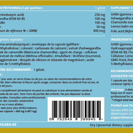 SANUSq Health étiquette complément liposomal GABA Ashwagandha KSM-66 – 734mg 60 gélules ingrédients