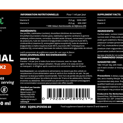 SANUSq Health Liposomal Vitamin D3 + K2 label, 1000 IU per serving, 60 servings, 100% vegan liquid supplement