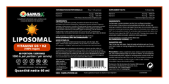 SANUSq Health Liposomal Vitamin D3 + K2 label, 1000 IU per serving, 60 servings, 100% vegan liquid supplement