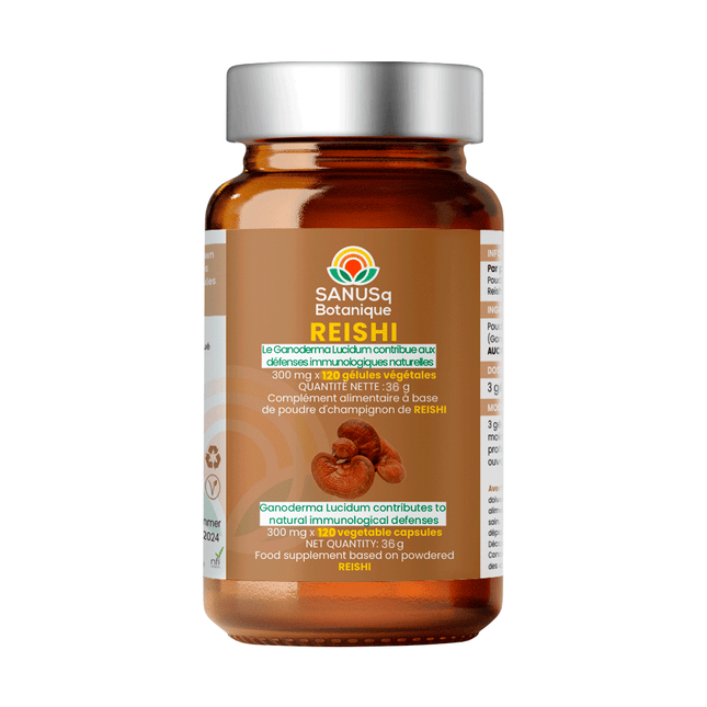 SANUSq Health Reishi mushroom supplement bottle, 120 vegetable capsules for natural immune defense support