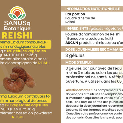 SANUSq Health Reishi mushroom supplement label with nutrition facts, ingredients, and dosage instructions