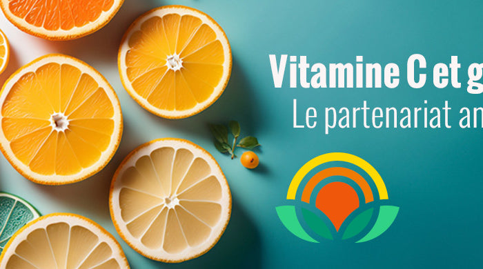 Vitamine C liposomale au glutathion : agrumes et motif cellulaire antioxydant sur la bannière