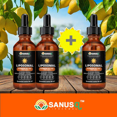 Trois flacons de Vitamine D3 + K2 liposomale SANUSq Health parmi des citrons frais en plein soleil