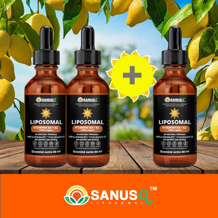 Trois flacons de Vitamine D3 + K2 liposomale SANUSq Health parmi des citrons frais en plein soleil
