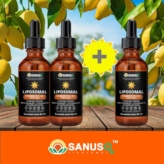 Trois flacons de Vitamine D3 + K2 liposomale SANUSq Health parmi des citrons frais en plein soleil