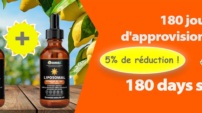 Vitamine D3 + K2 liposomale SANUSq Health en lot de trois flacons, 180 jours d'approvisionnement avec 5 % de réduction.